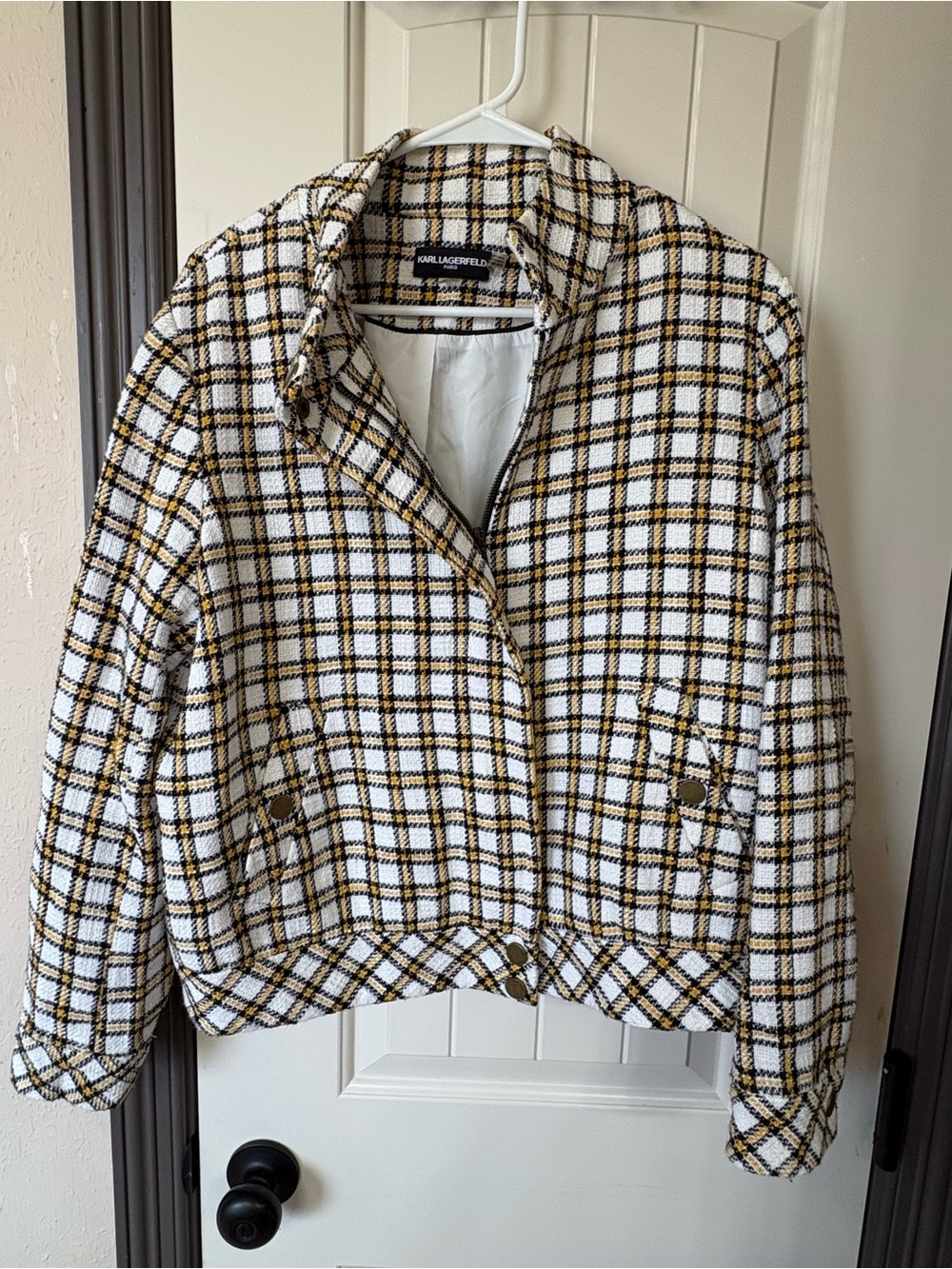 Karl Lagerfeld White, Black & Gold Plaid Tweed Blazer